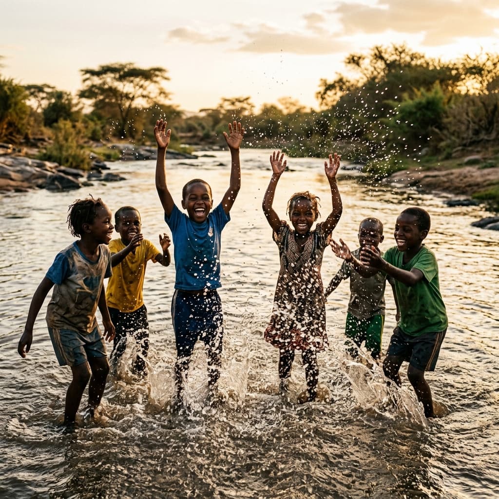 Happy children playing in water